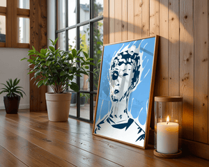 Abstract modern portrait with fiery aura and blue background - Mi tienda
