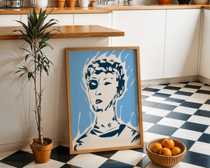 Abstract modern portrait with fiery aura and blue background - Mi tienda