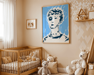 Abstract modern portrait with fiery aura and blue background - Mi tienda