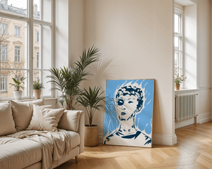 Abstract modern portrait with fiery aura and blue background - Mi tienda