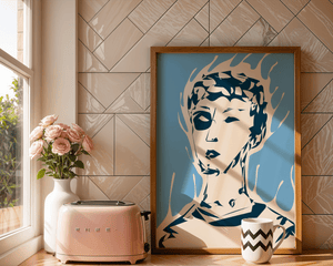 Abstract modern portrait with fiery aura and blue background - Mi tienda