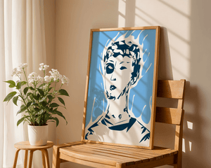 Abstract modern portrait with fiery aura and blue background - Mi tienda