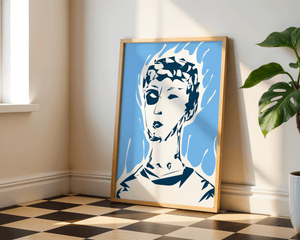 Abstract modern portrait with fiery aura and blue background - Mi tienda