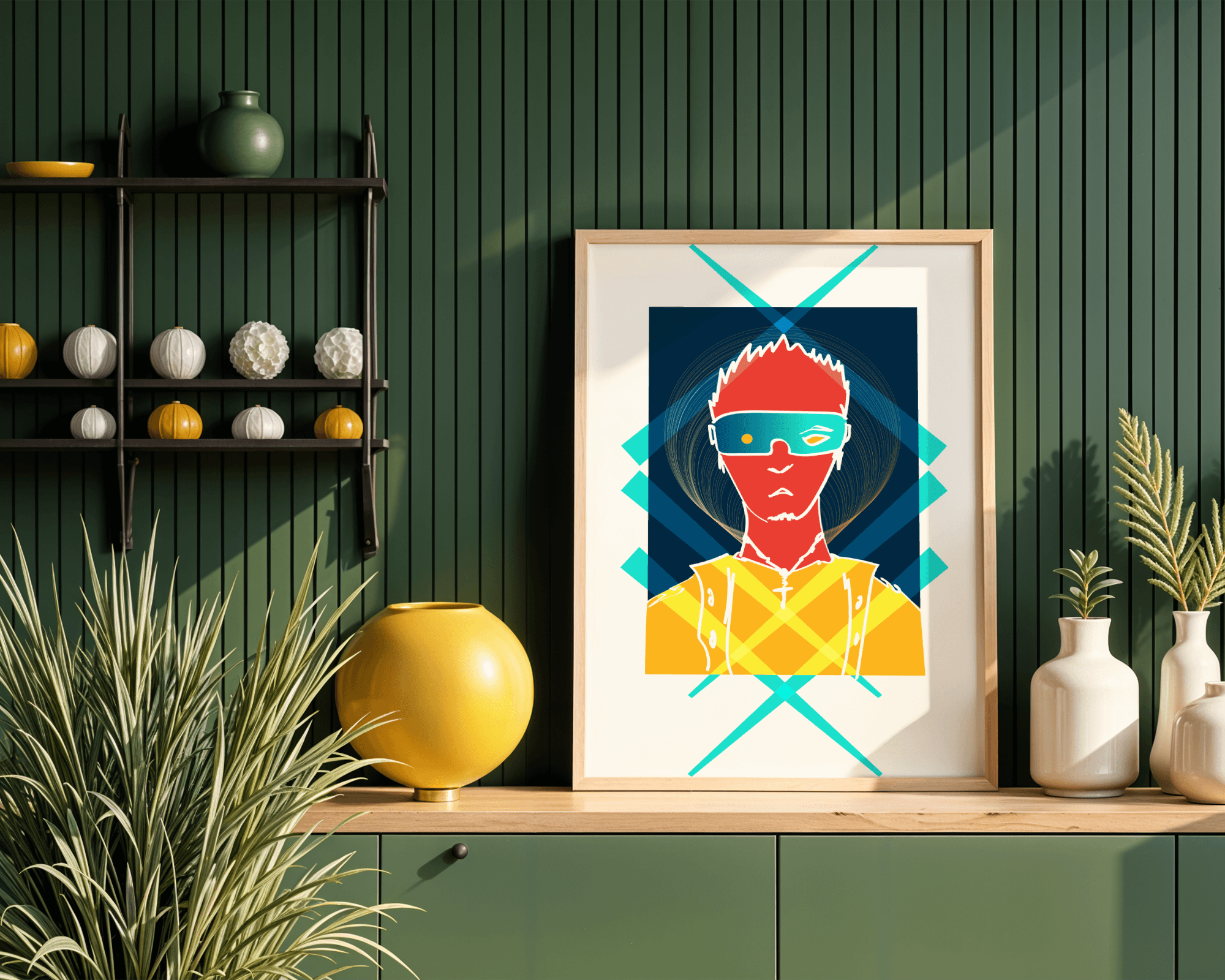 Cyberpunk warrior in geometric neon hues for modern decor - Mi tienda