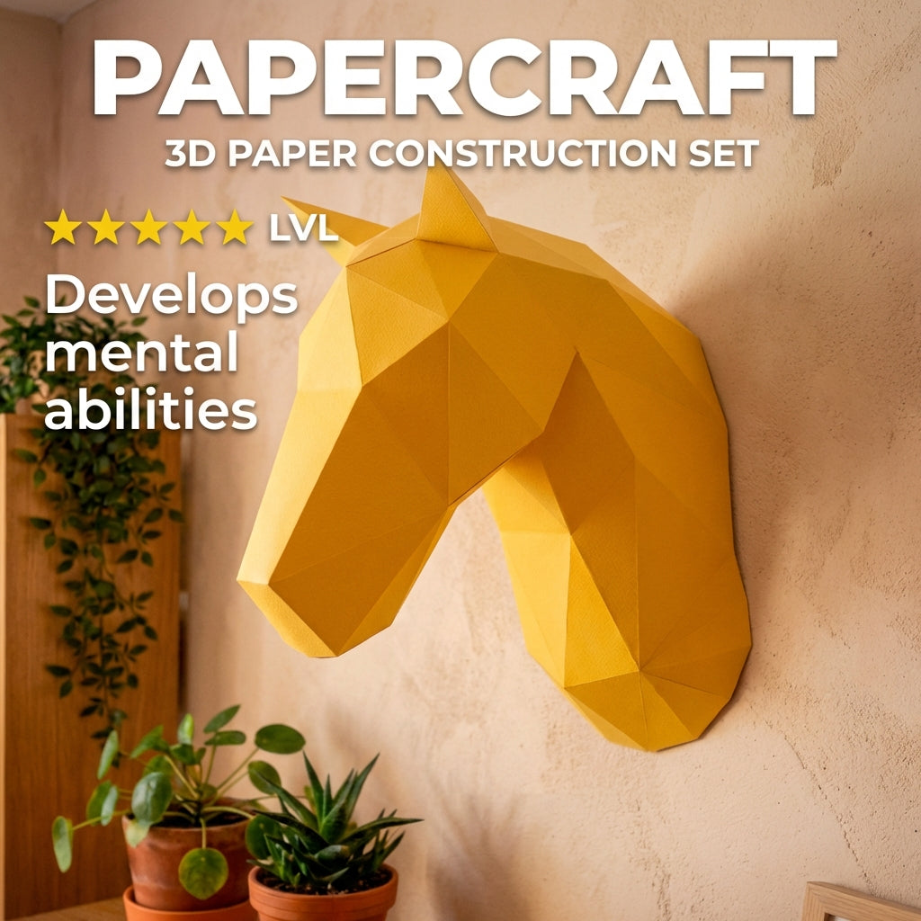 Horse head polygonal paper figure for assembly 25 x 35 x 19 – papercraft DIY craft, modern cardboard wall decoration, geometric style - Mi tienda