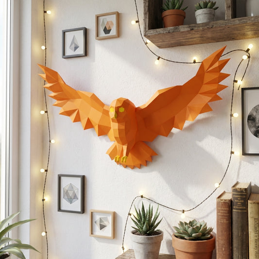 Polygonal paper owl decorative figure with spread wings 75x36x35, 3D DIY papercraft assembly - Mi tienda