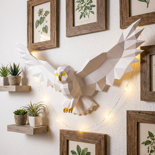Polygonal paper owl decorative figure with spread wings 75x36x35, 3D DIY papercraft assembly - Mi tienda