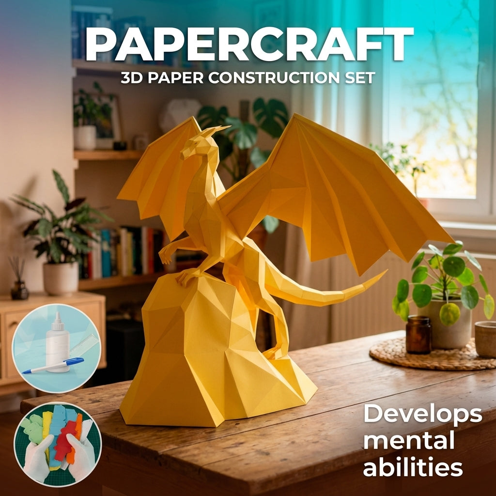 3D polygonal paper dragon figure to assemble on a rock 43x60x36 – DIY papercraft decorative kit, modern geometric sculpture for table or shelf - Mi tienda