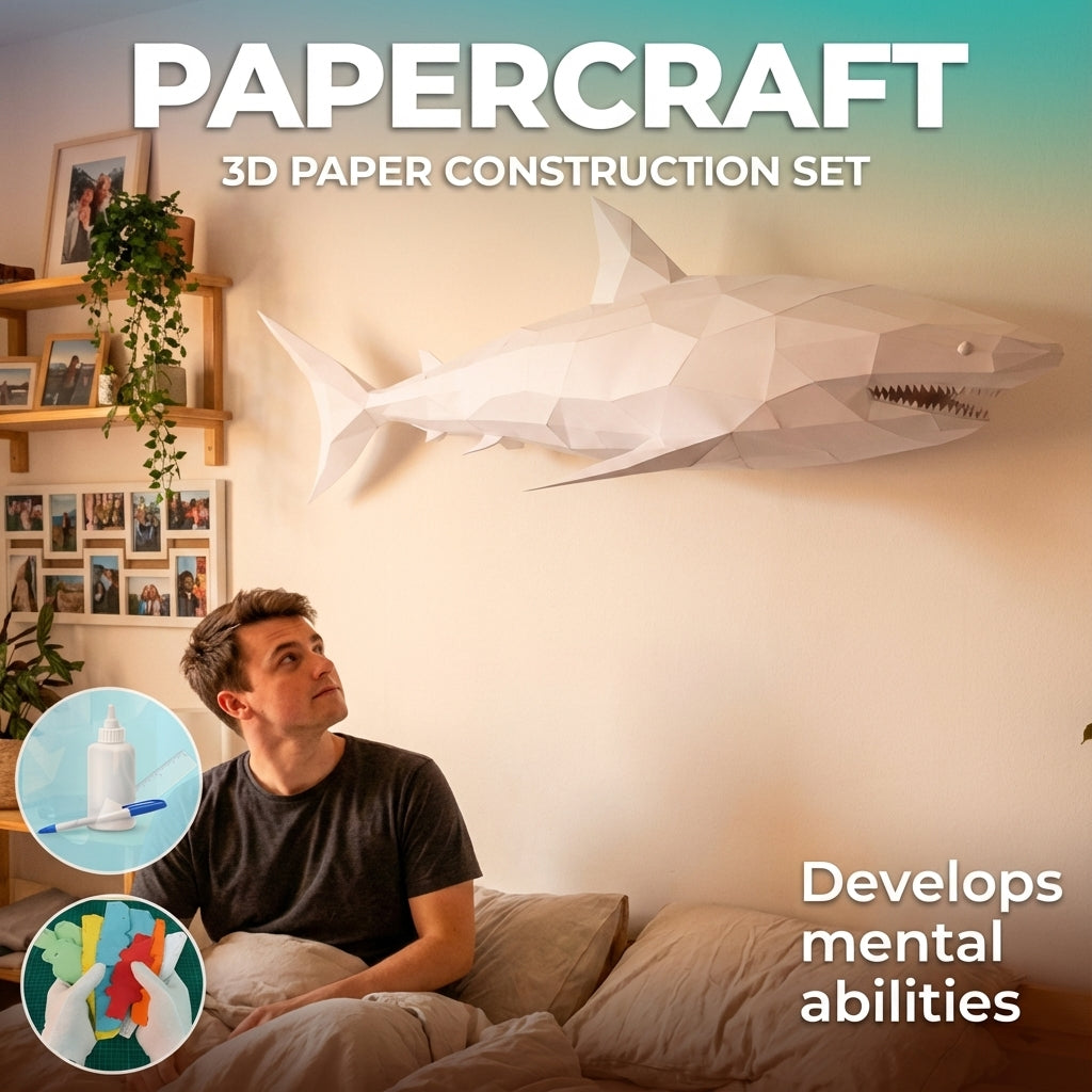 Figura de tiburón de papel poligonal 3D para ensamblar 30 x 27 x 93 – kit de manualidades de papercraft decorativo, escultura geométrica moderna para mesa o estantería