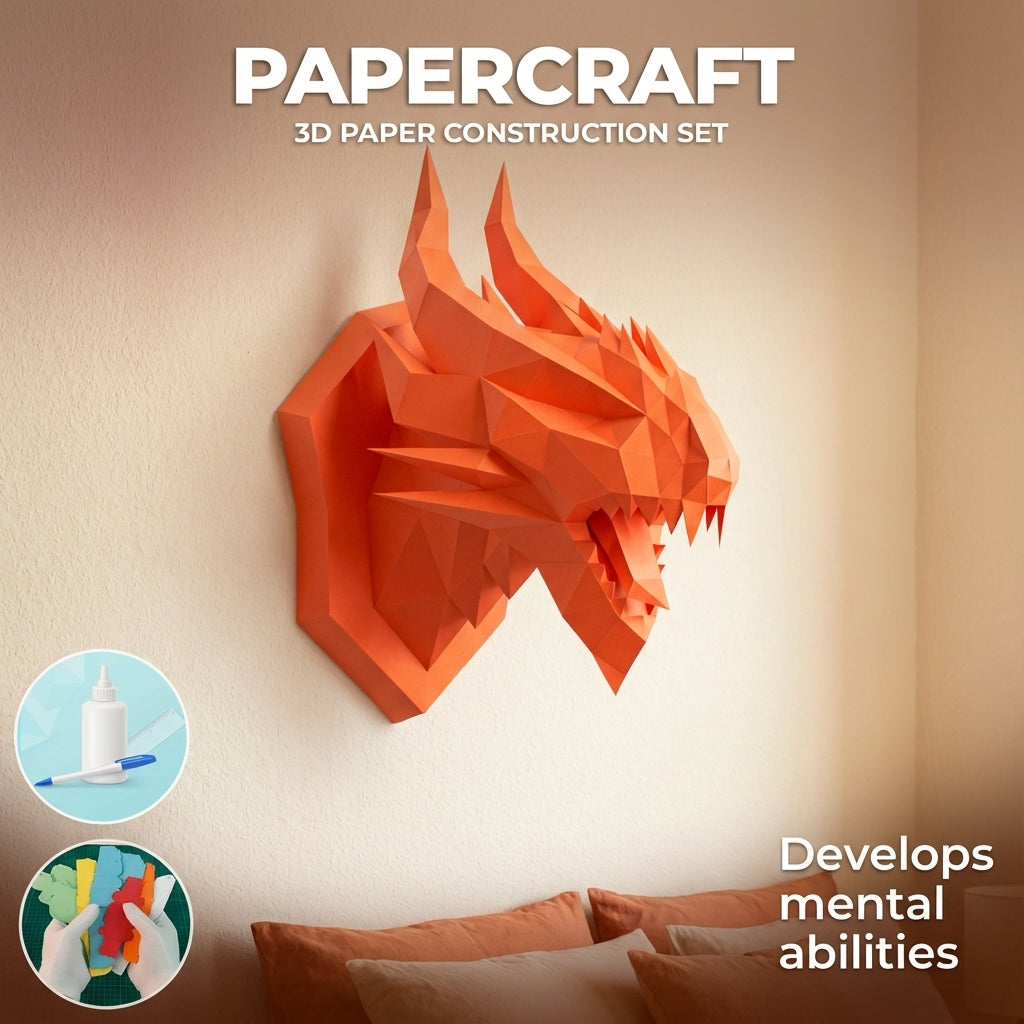 3D polygonal paper dragon head figure for assembly 40 x 29 x 25 – decorative papercraft DIY kit, modern geometric sculpture for wall above the bed - Mi tienda