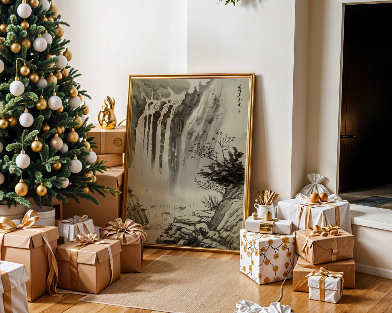 Serene Waterfall in Traditional Chinese Landscape Painting