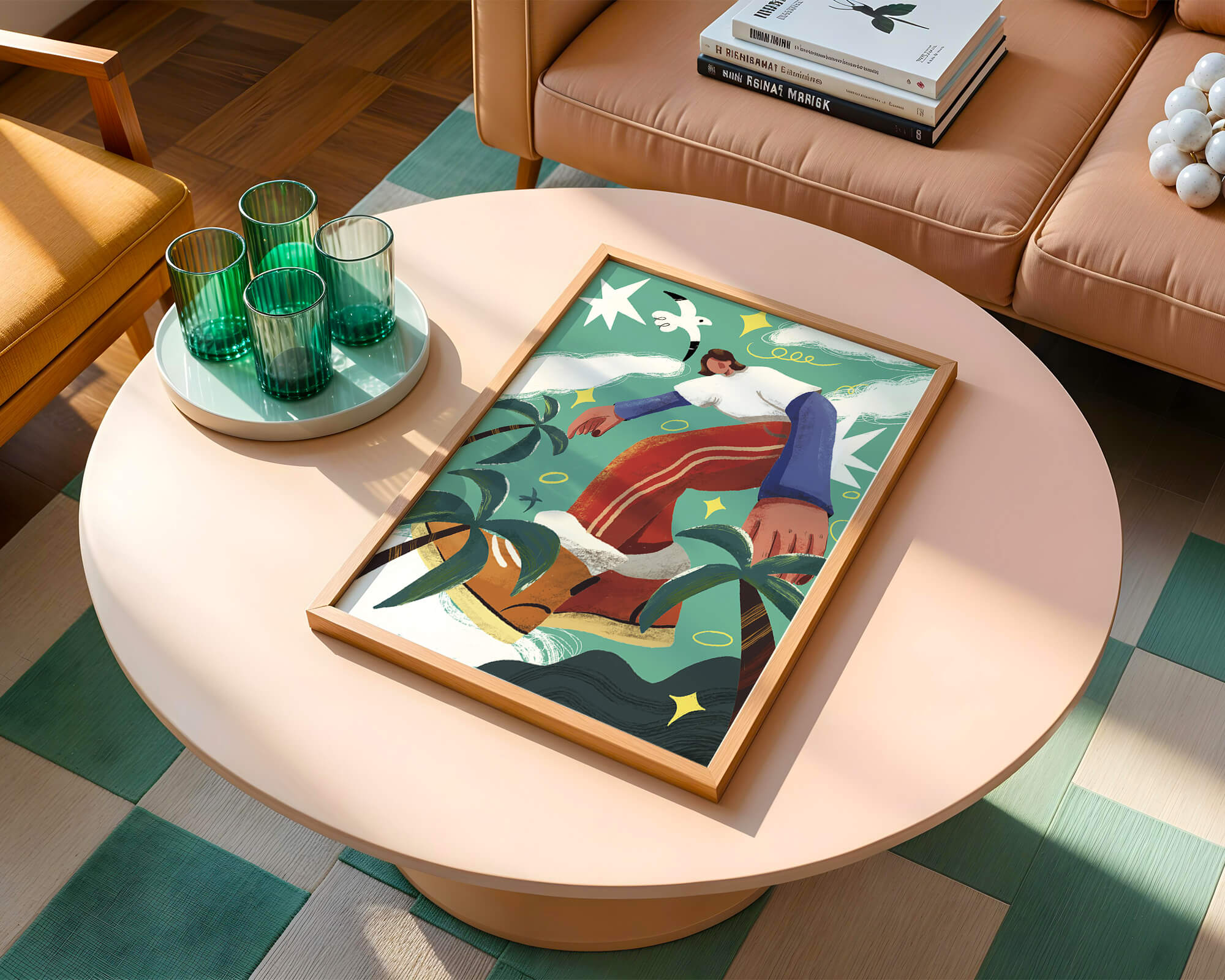 Colorful Abstract Surreal Landscape with Giant Figure and Nature Elements