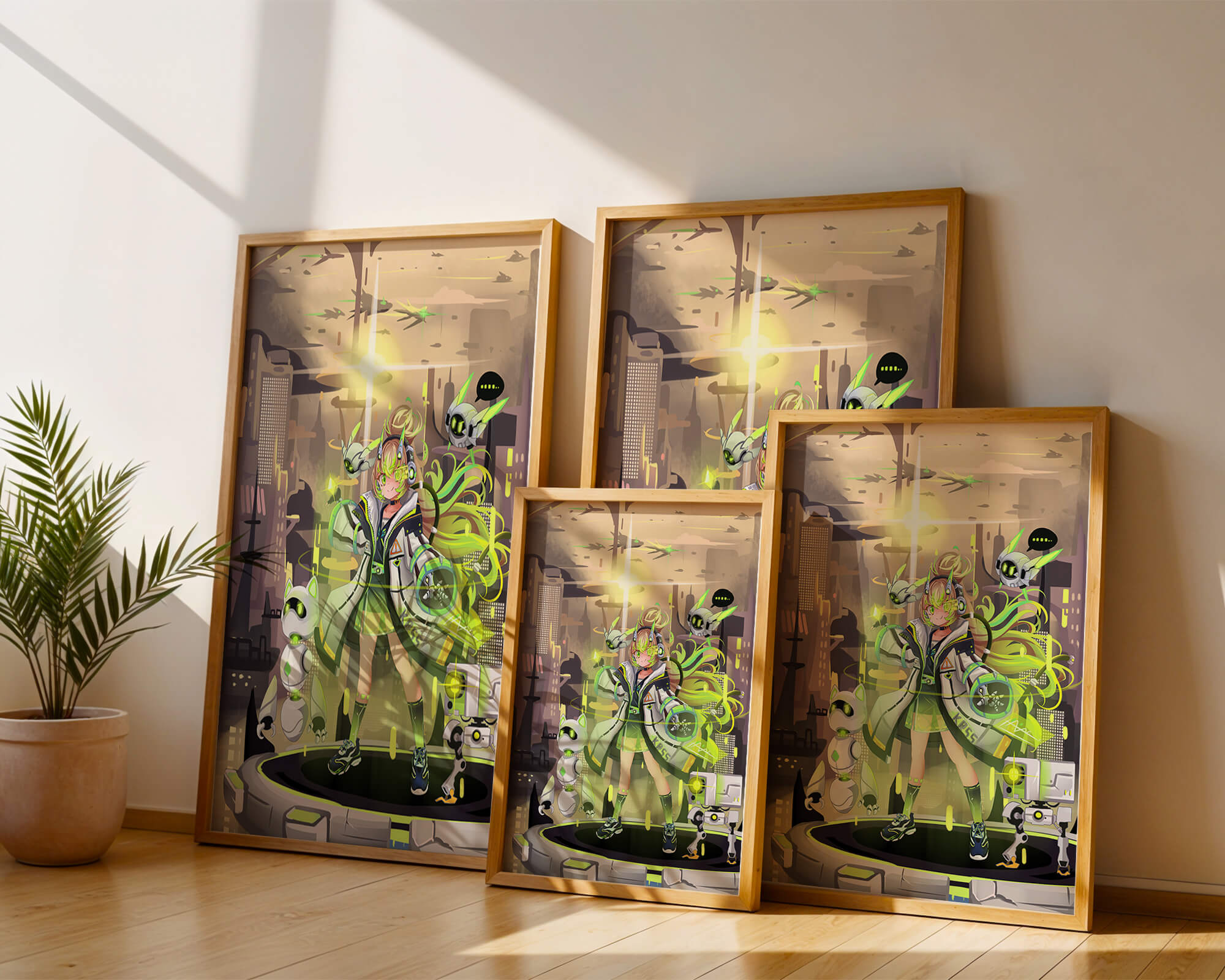 Futuristic anime girl with green aura and robotic companions in a sci-fi cityscape