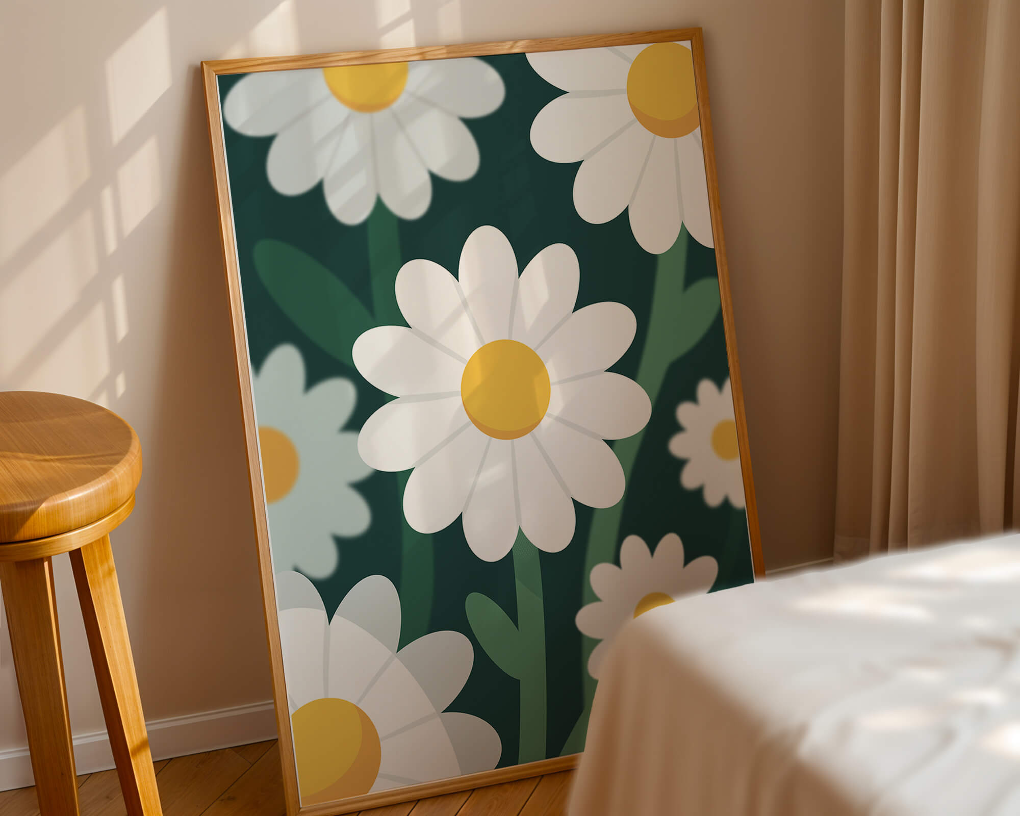 Margaritas sobre fondo verde oscuro con diseño abstracto