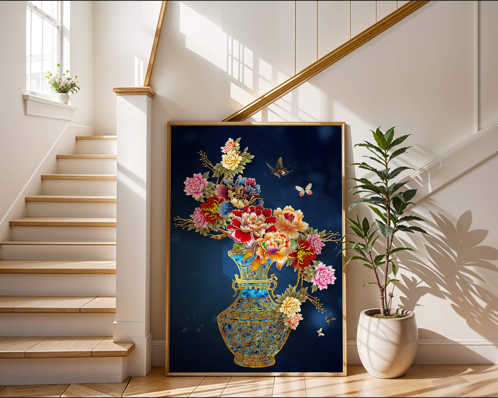 Elegant floral arrangement in ornate gold-accented vase with butterflies