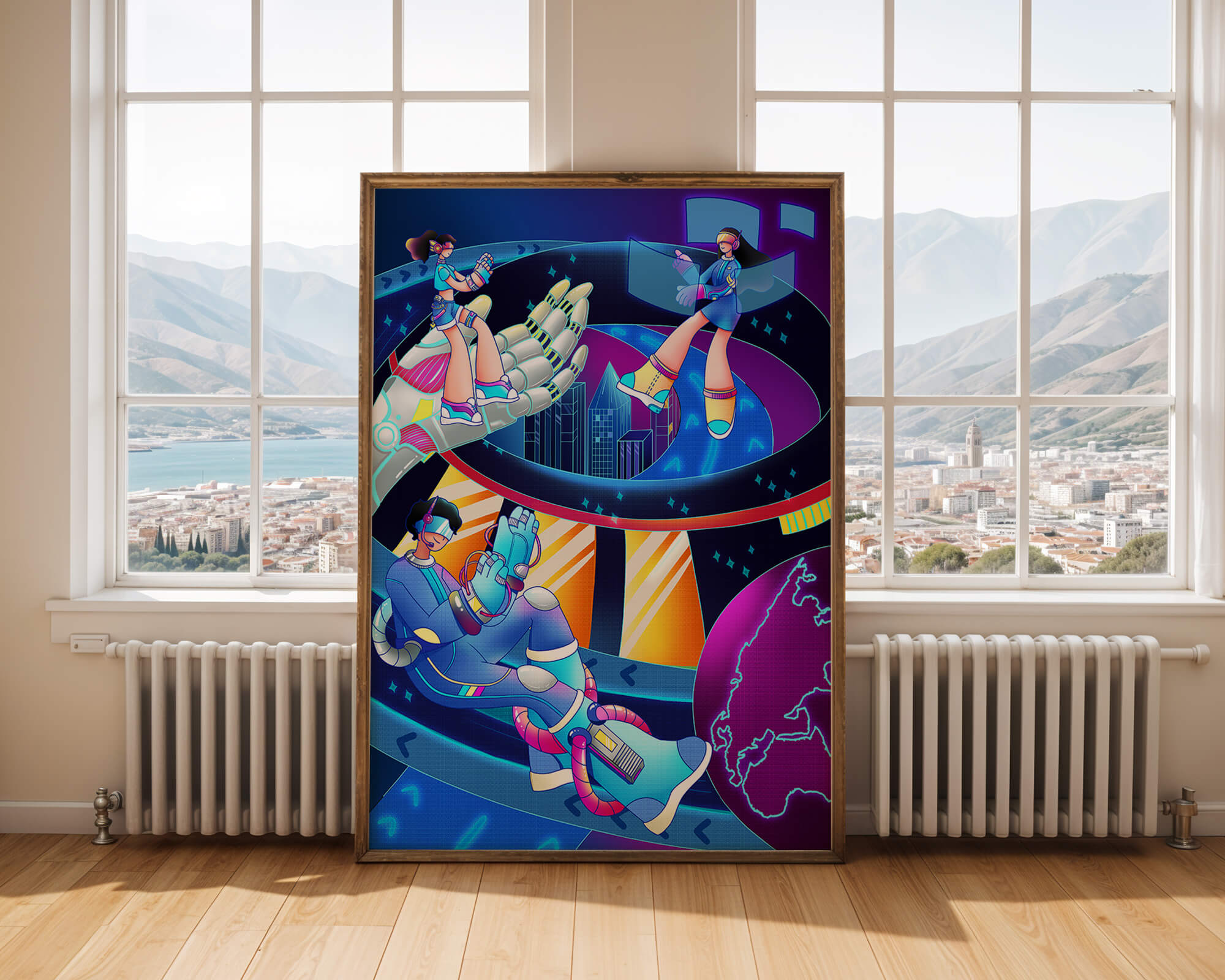 Réalité virtuelle futuriste avec des œuvres d'art néon vibrantes