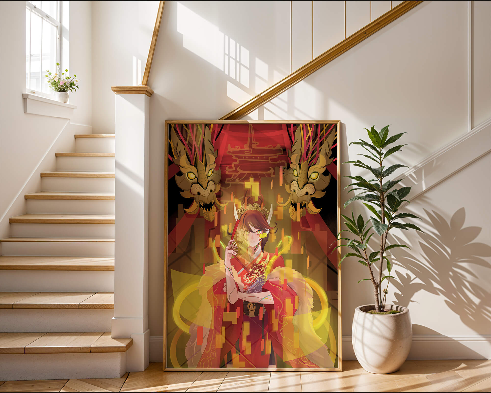 Personaje en atuendo tradicional con dragones y elementos digitales