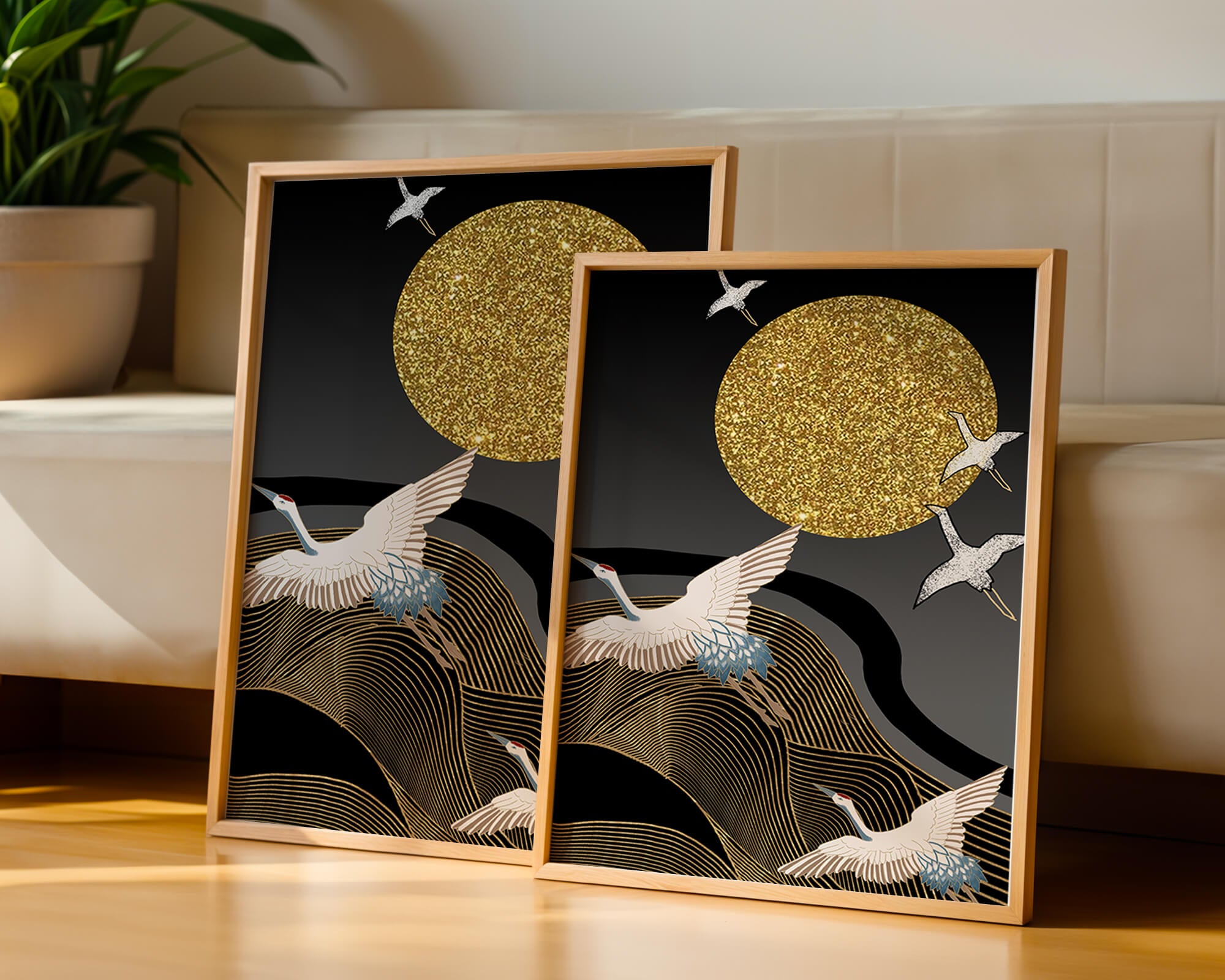 Elegant Cranes Soaring under a Golden Sun