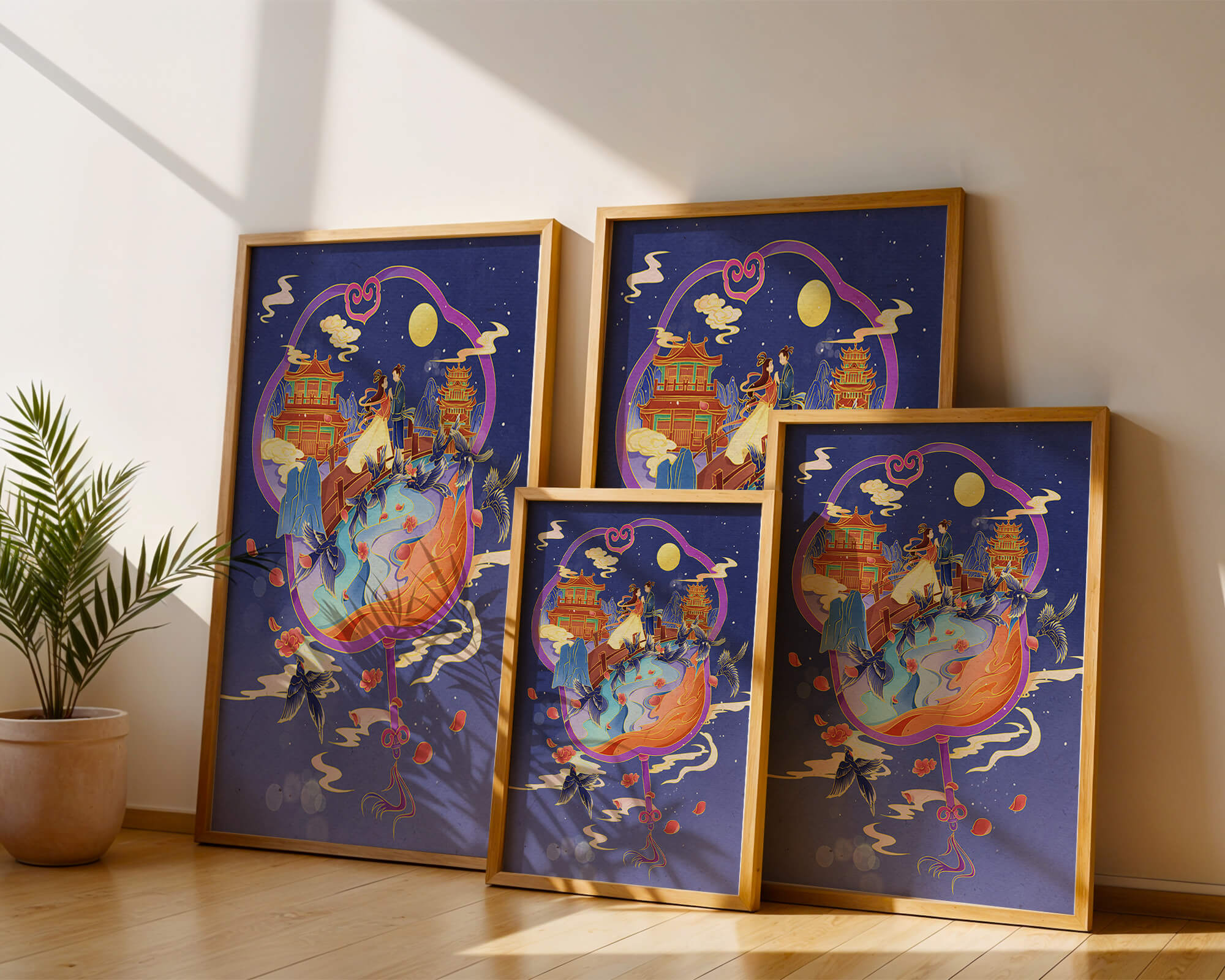 Romantic oriental night scene with couple and pagodas under moonlight