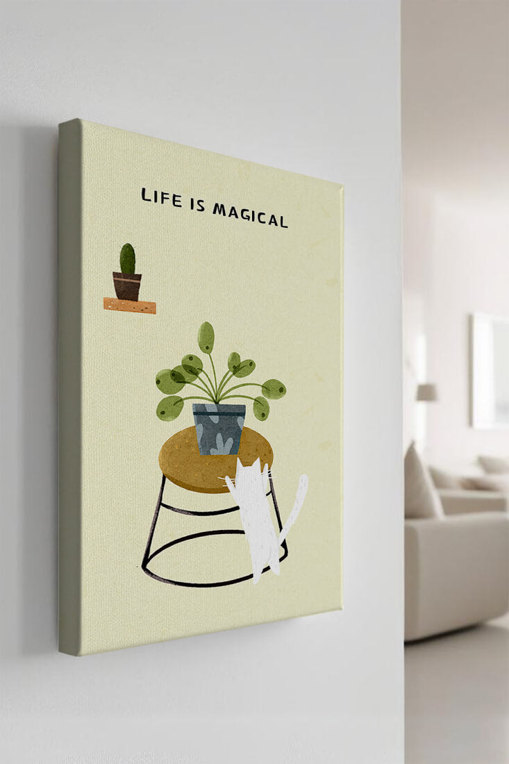 Ilustración encantadora de un gato con planta y mensaje inspirador