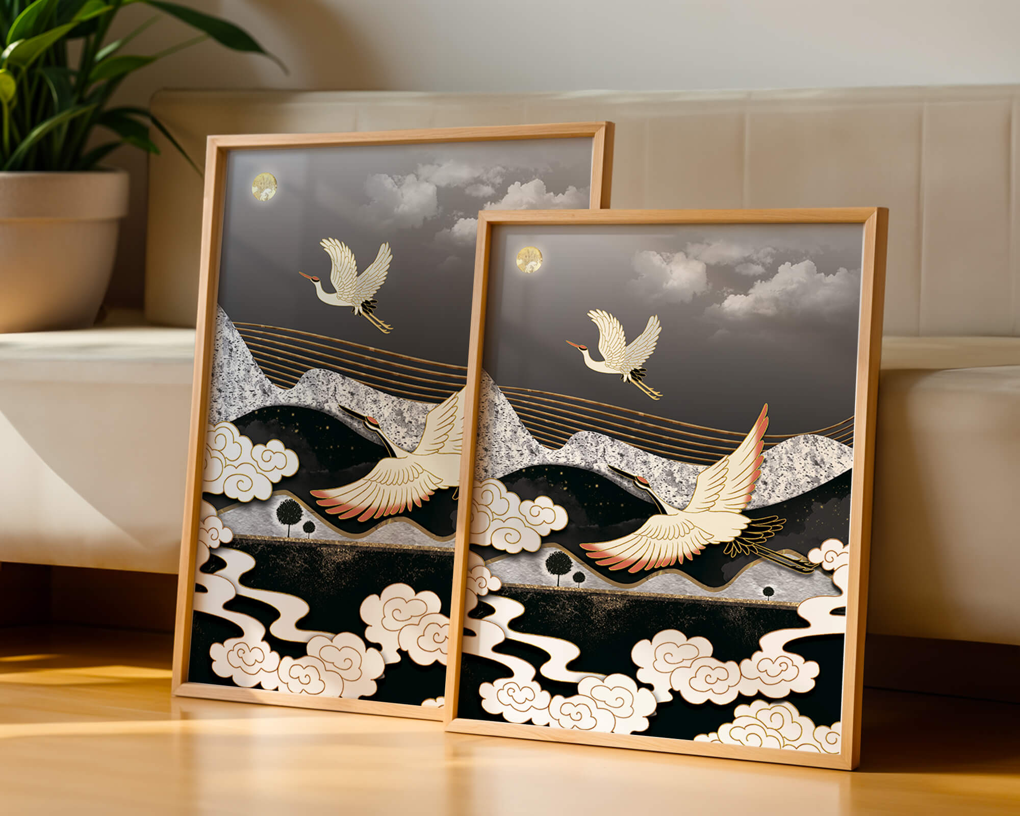 Grue eleganti in un paesaggio al chiaro di luna con accenti dorati