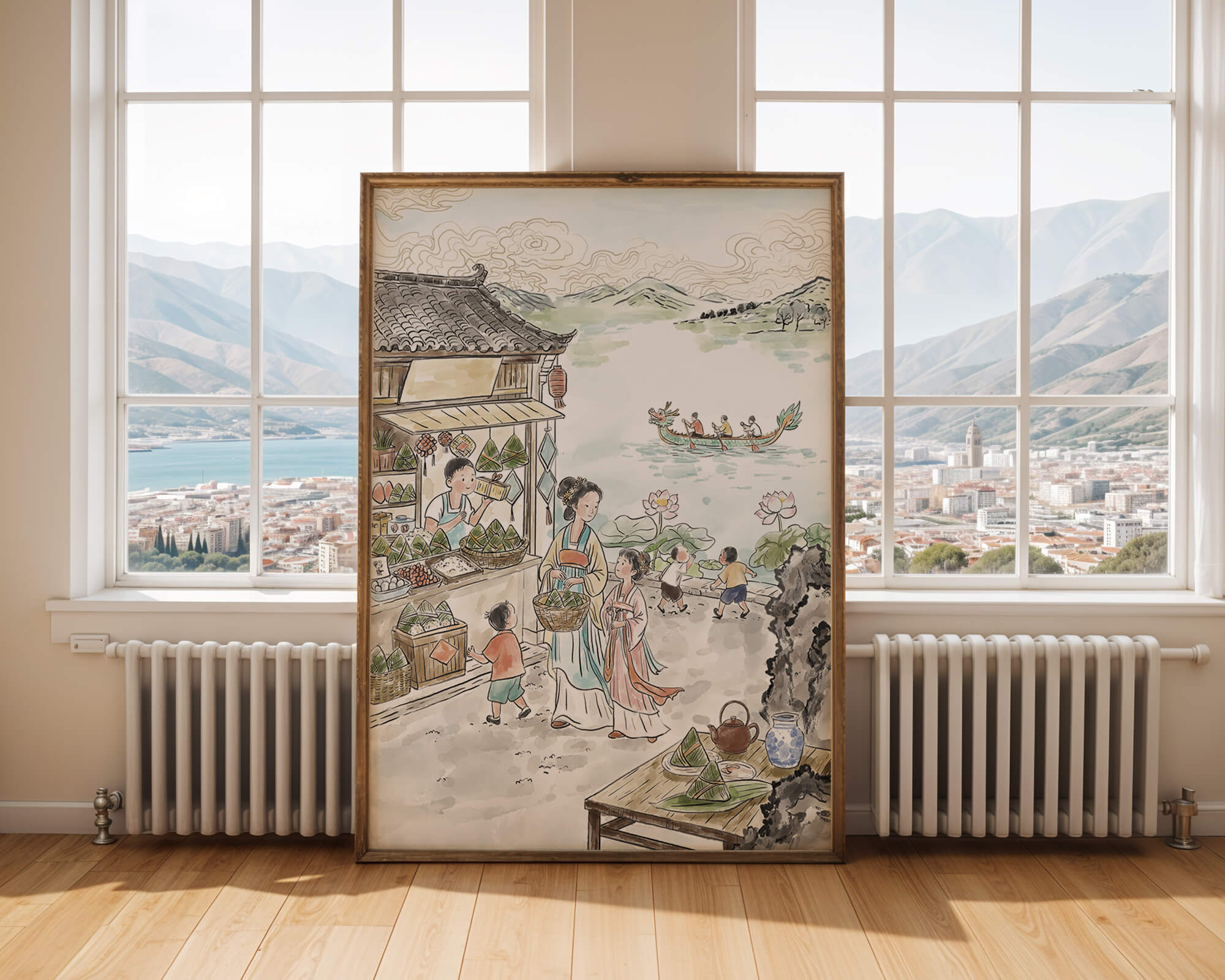 Traditional Chinese Market Scene with Dragon Boat Racing