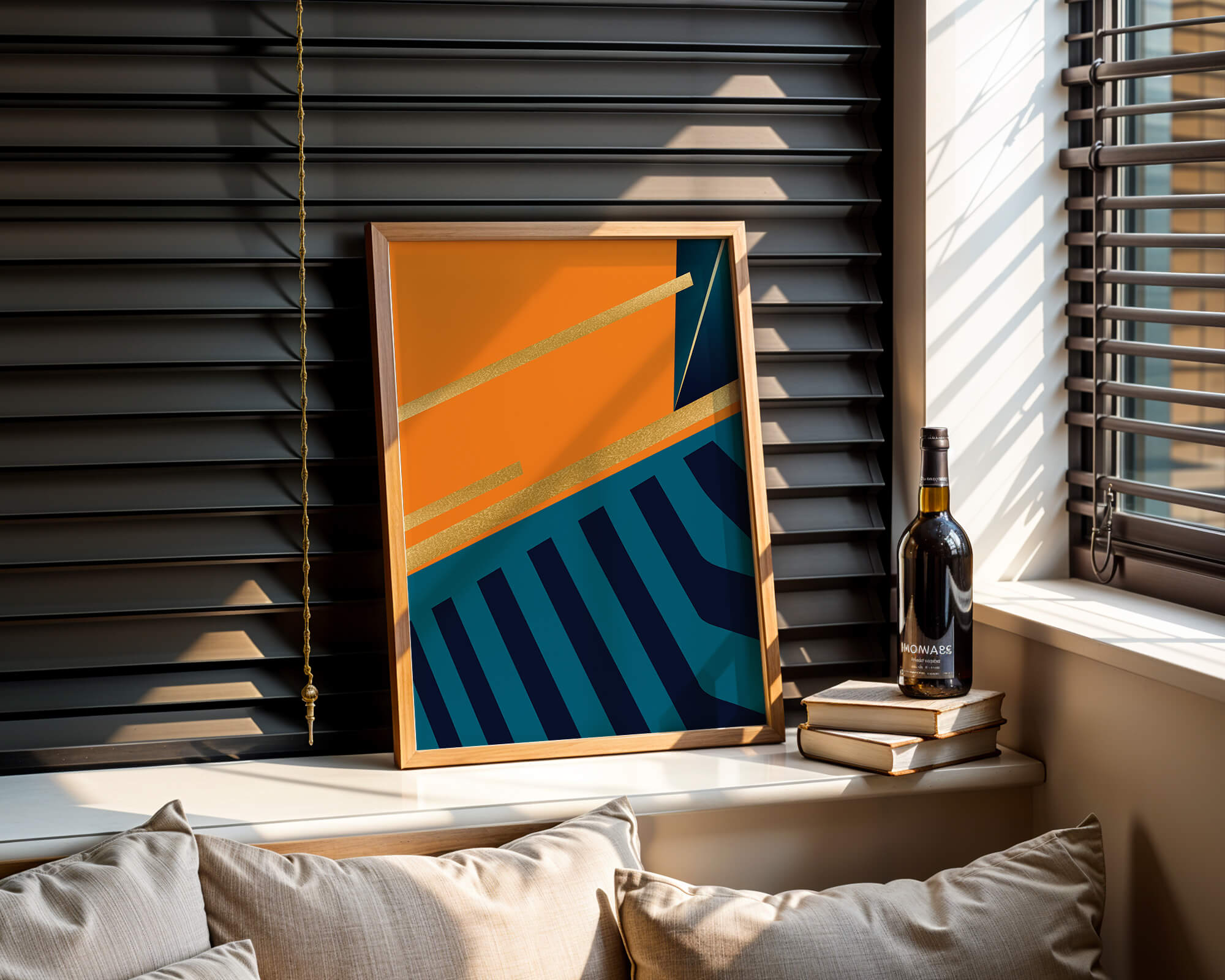Moderne geometrische Abstraktion mit goldenen Elementen und kräftigen Farben