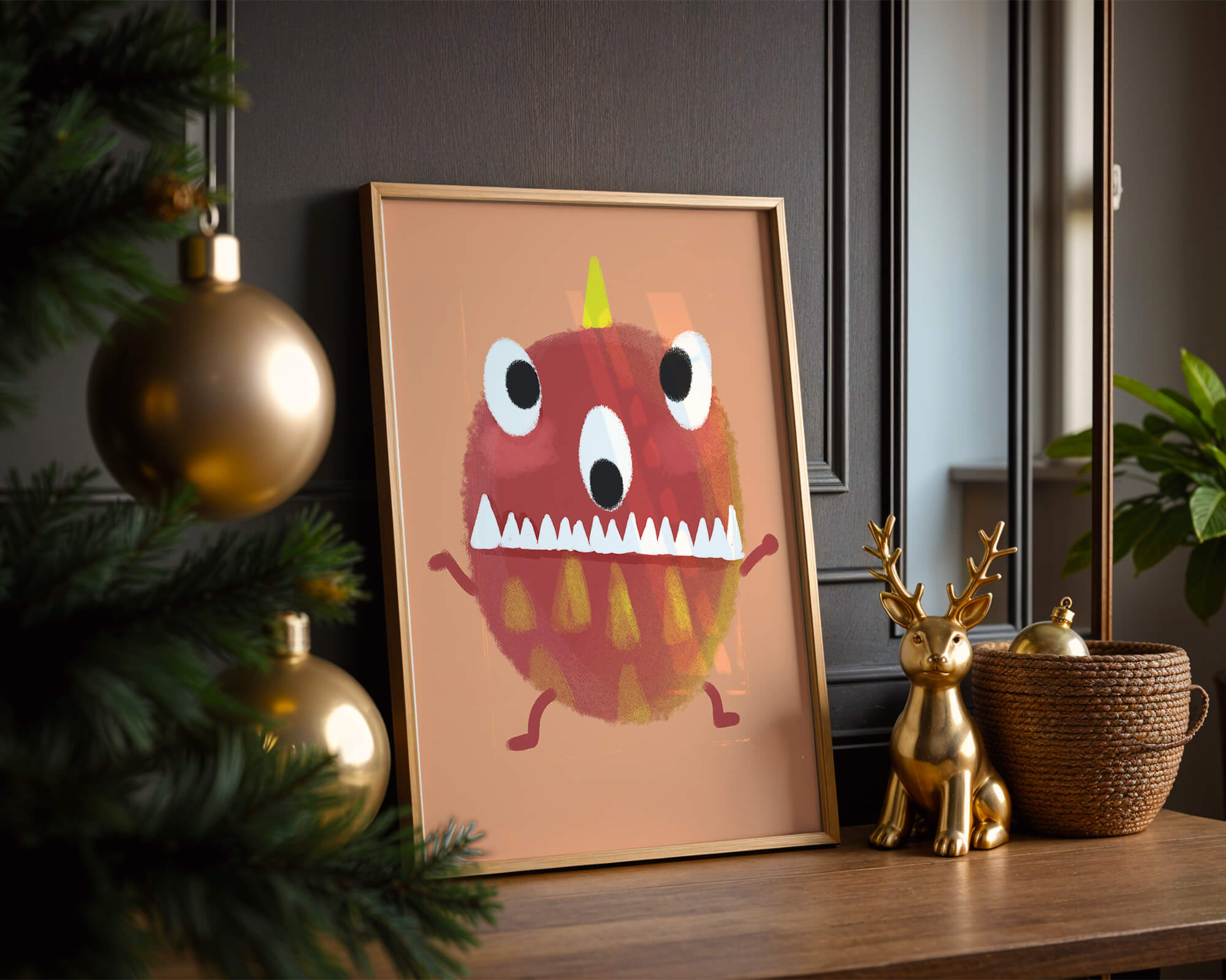 Colorful monster with geometric features and playful expression