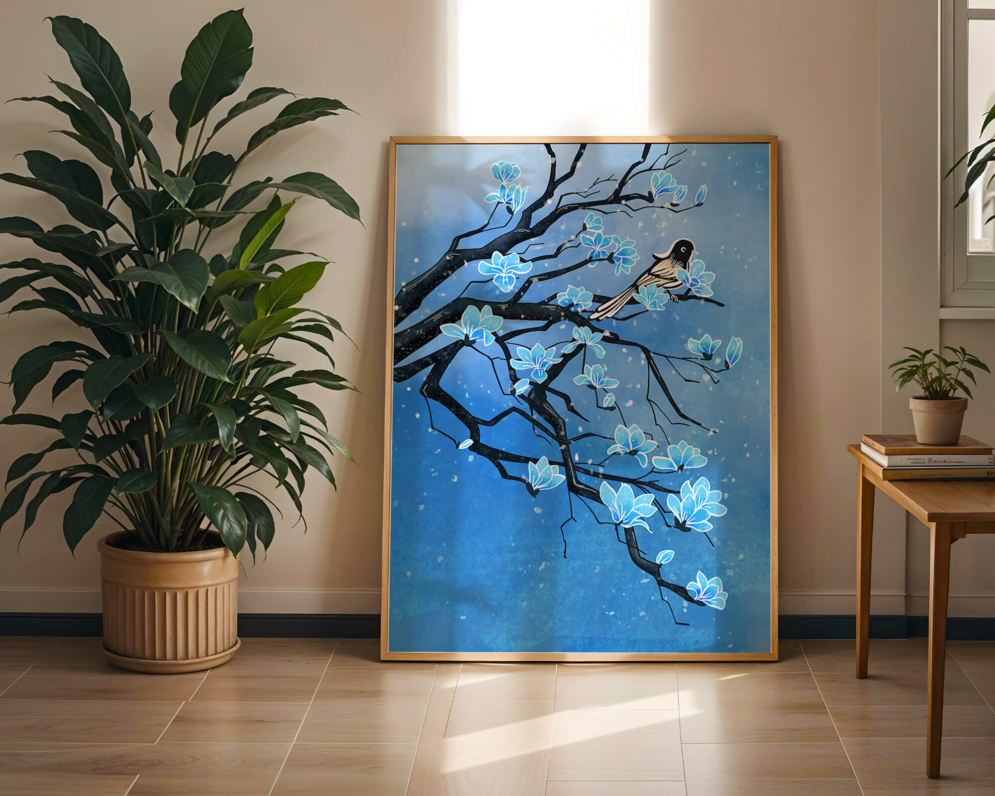 Blue Blossoms on Branch with Bird in Winter Scene