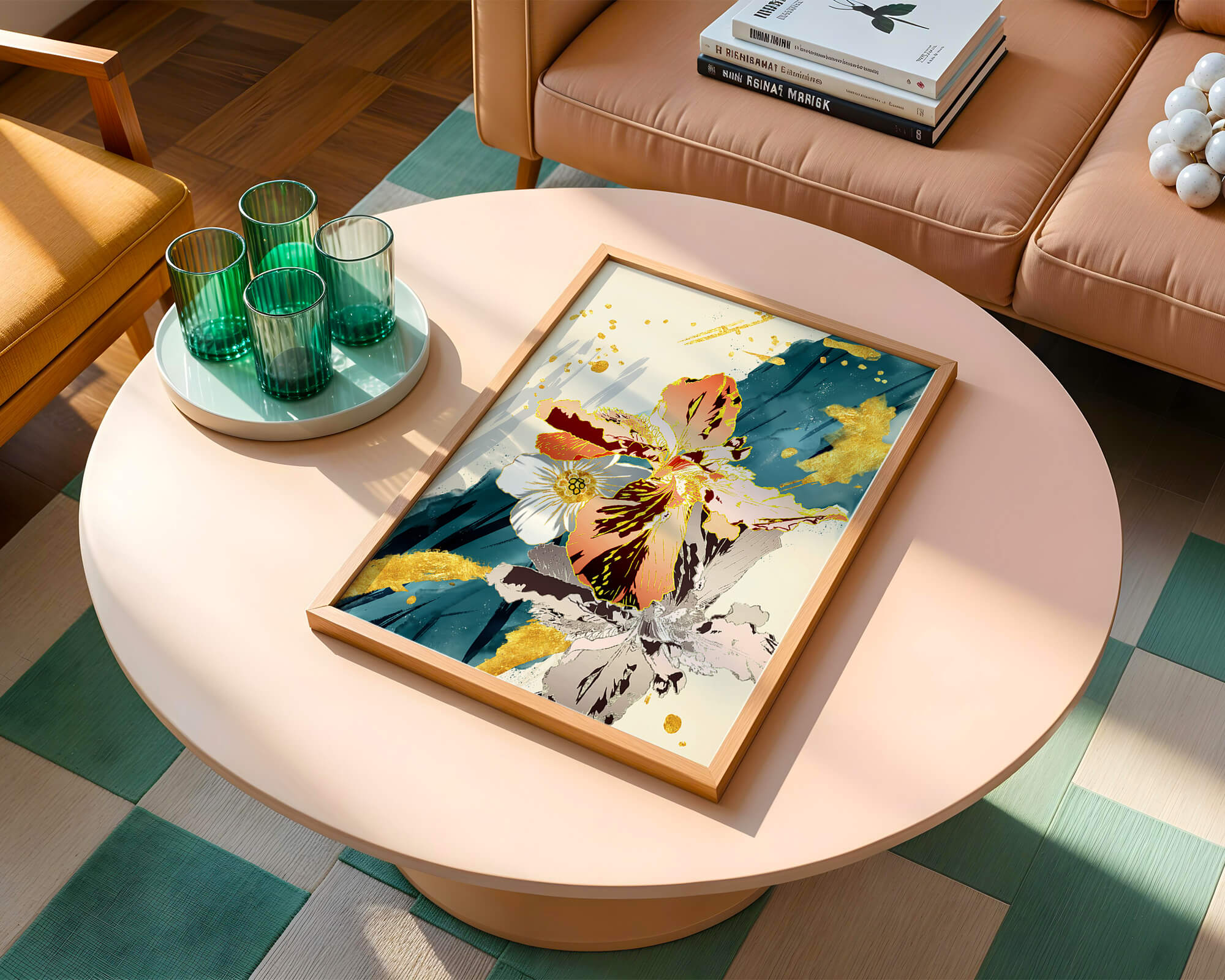 Elegant abstract floral artwork with gold accents