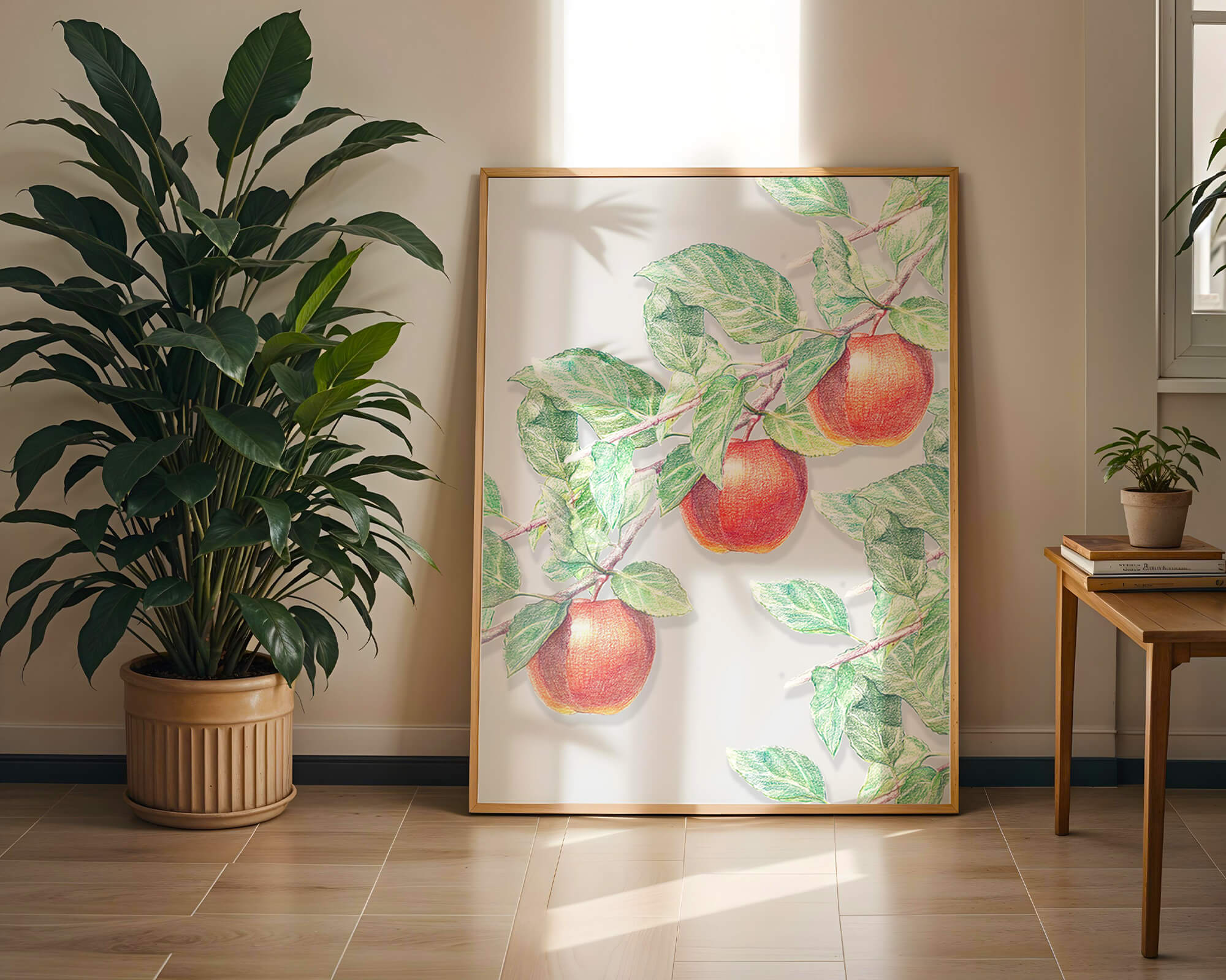 Illustration of Apples on a Tree Branch with Green Leaves