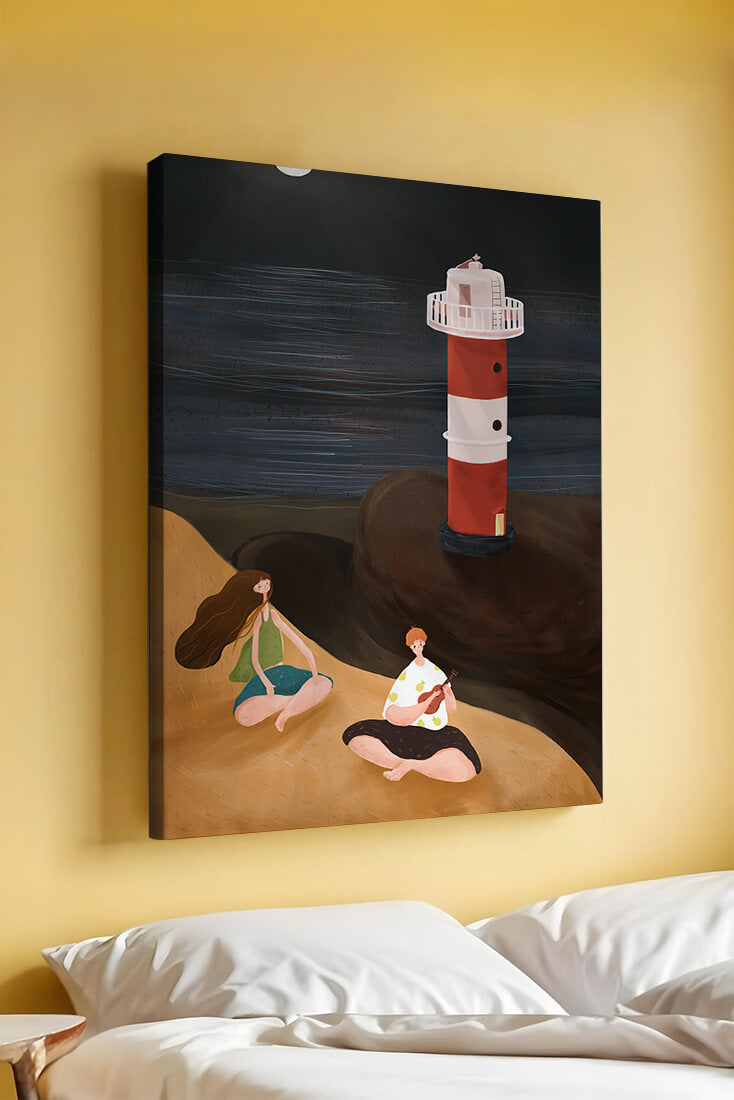 Peaceful Beach Scene with Lighthouse at Night