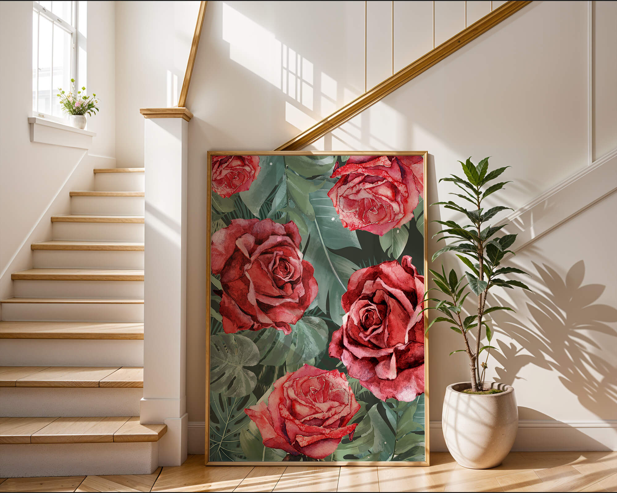 Red roses and green foliage pattern in watercolor style