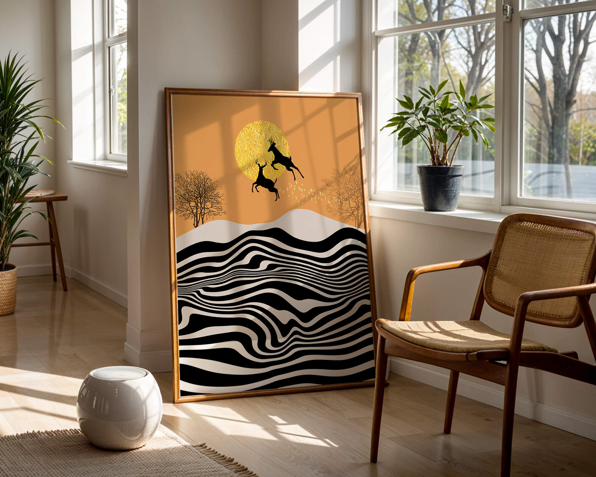 Paisaje abstracto con ciervos saltando y sol dorado