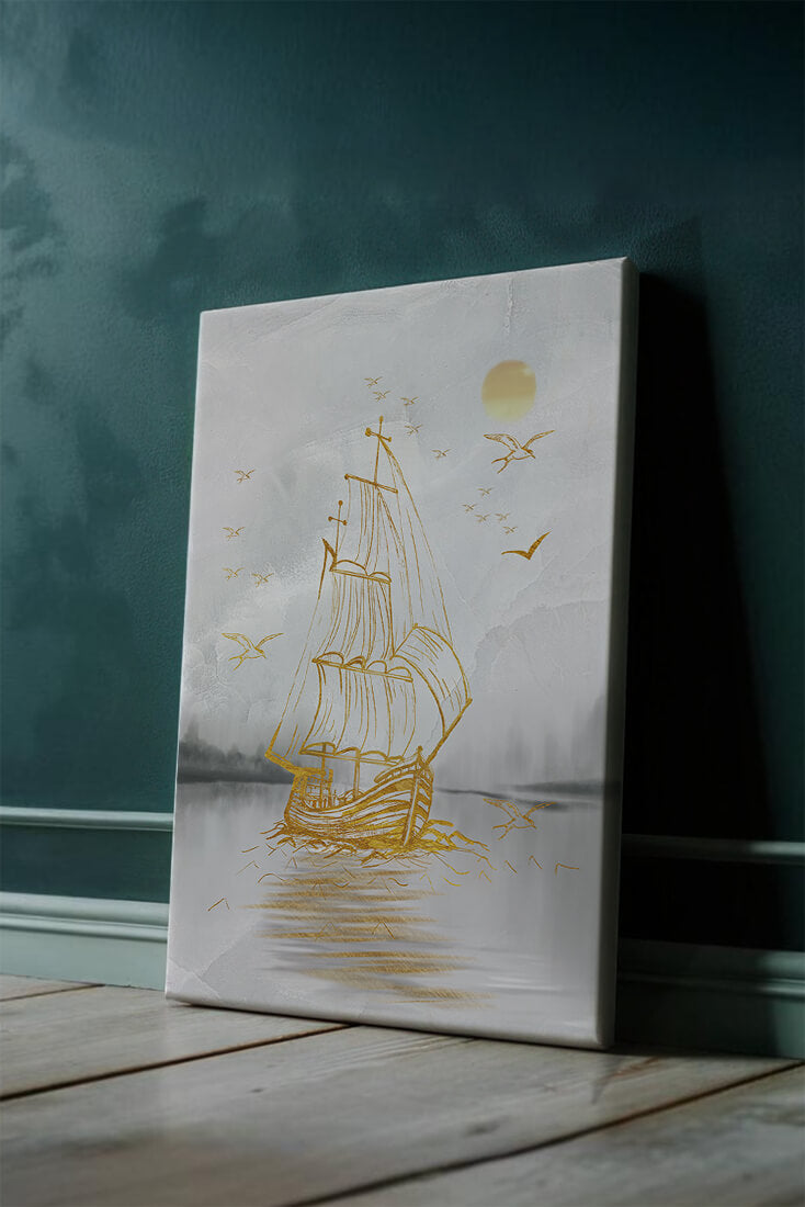 Serene nautical scene with golden sailboat at sea