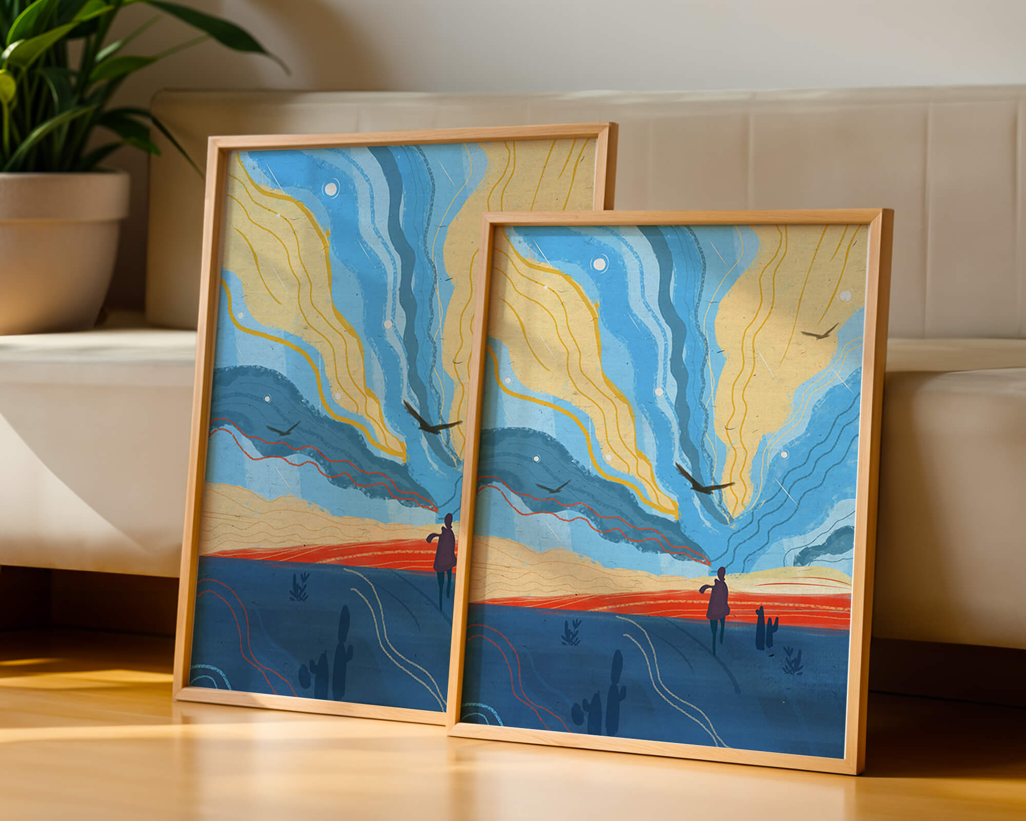 Colorful abstract landscape with figure and birds