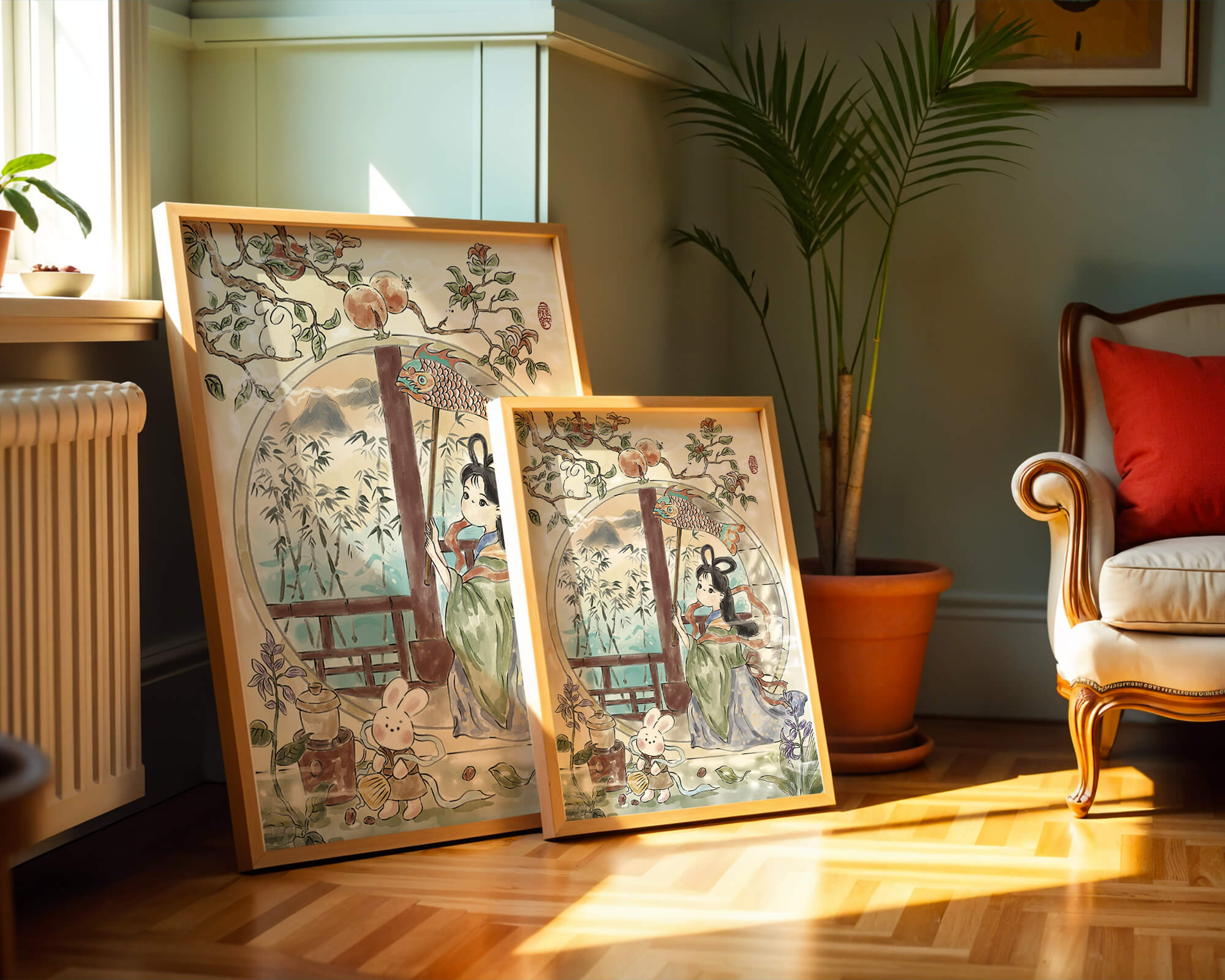 Escena de jardín tranquilo con una niña y un conejo