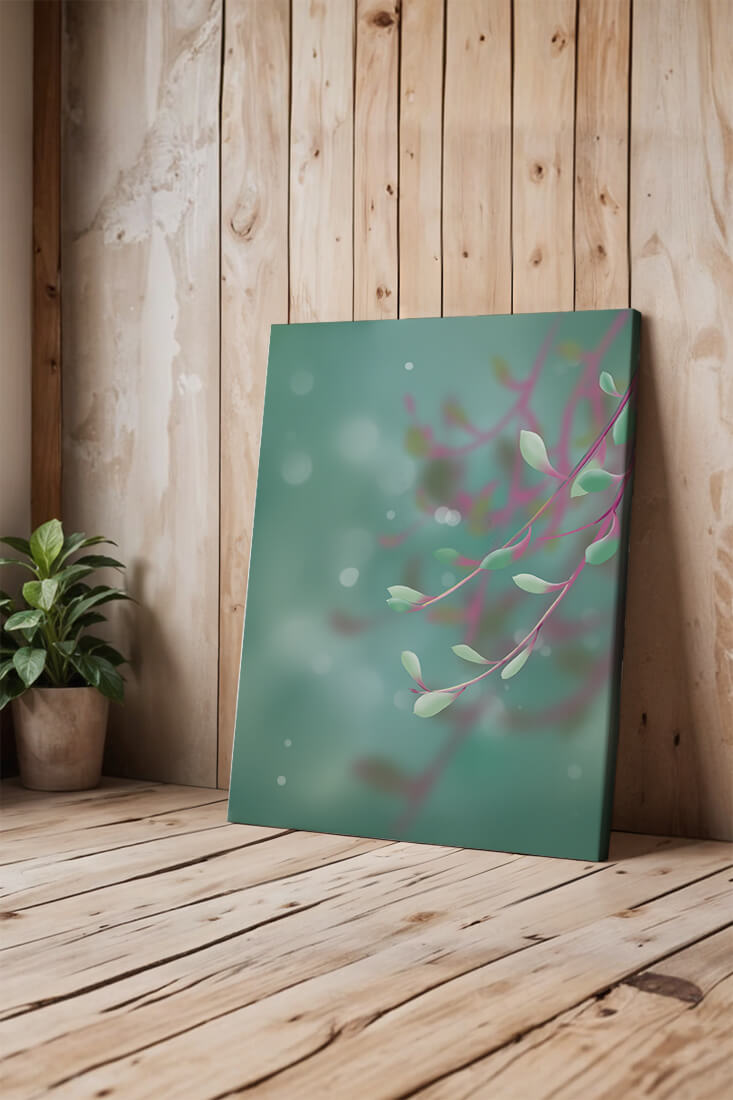 Ruhiges abstraktes Design mit pastellfarbenen Blättern und unscharfem Hintergrund