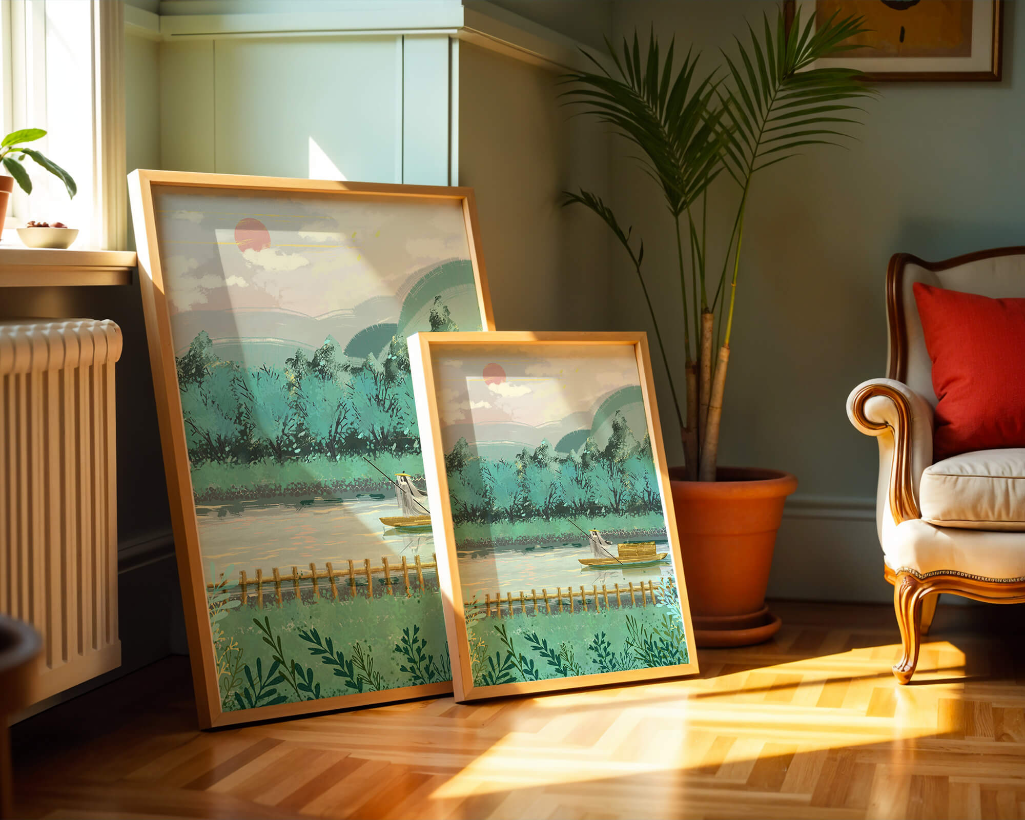 Serene Landscape with Boatman on River at Sunrise