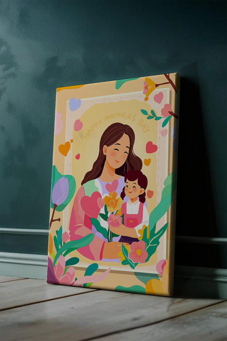 Illustration of mother and daughter with flowers for Mother's Day