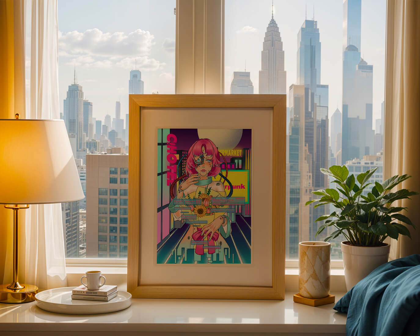 Футуристическая киборг-женщина с розовыми волосами, держащая букет подсолнухов на неоновом городском фоне