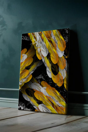Abstract Composition with Yellow and White Feathers on a Black Background - Mi tienda