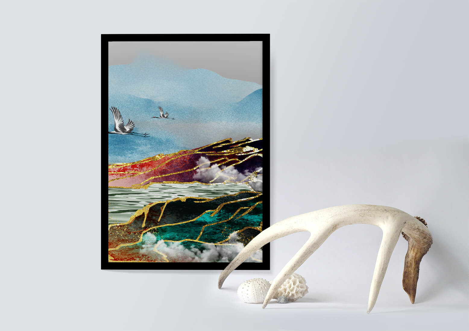 Majestic Landscape With Flying Cranes And Golden Accents