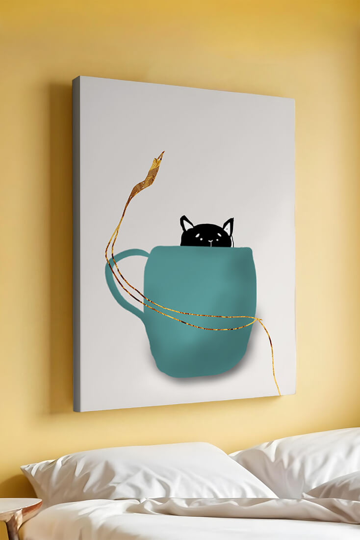 Cat in teal cup with golden elements