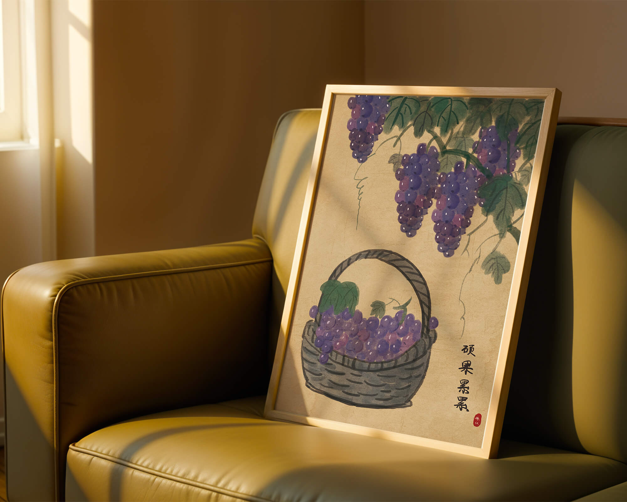 Basket Of Grapes With Vine Leaves In Traditional Style