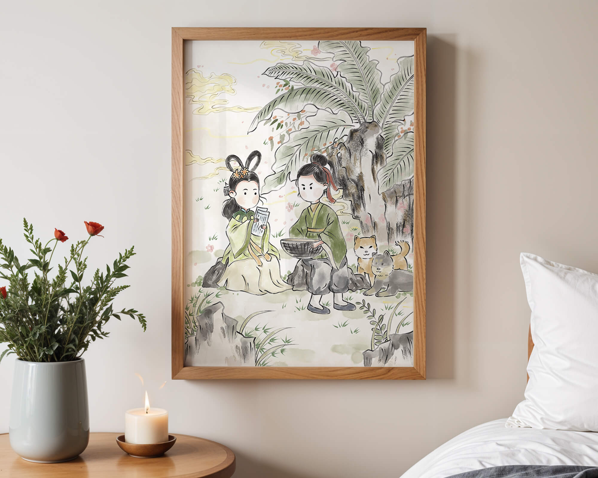 Traditional Asian Art with Two People and Dogs under a Tree