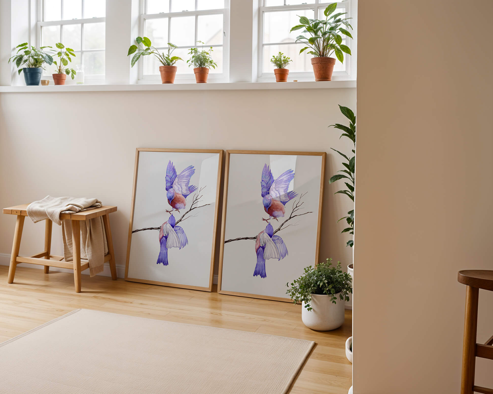 Elegante ilustración acuarela de dos pájaros en una rama