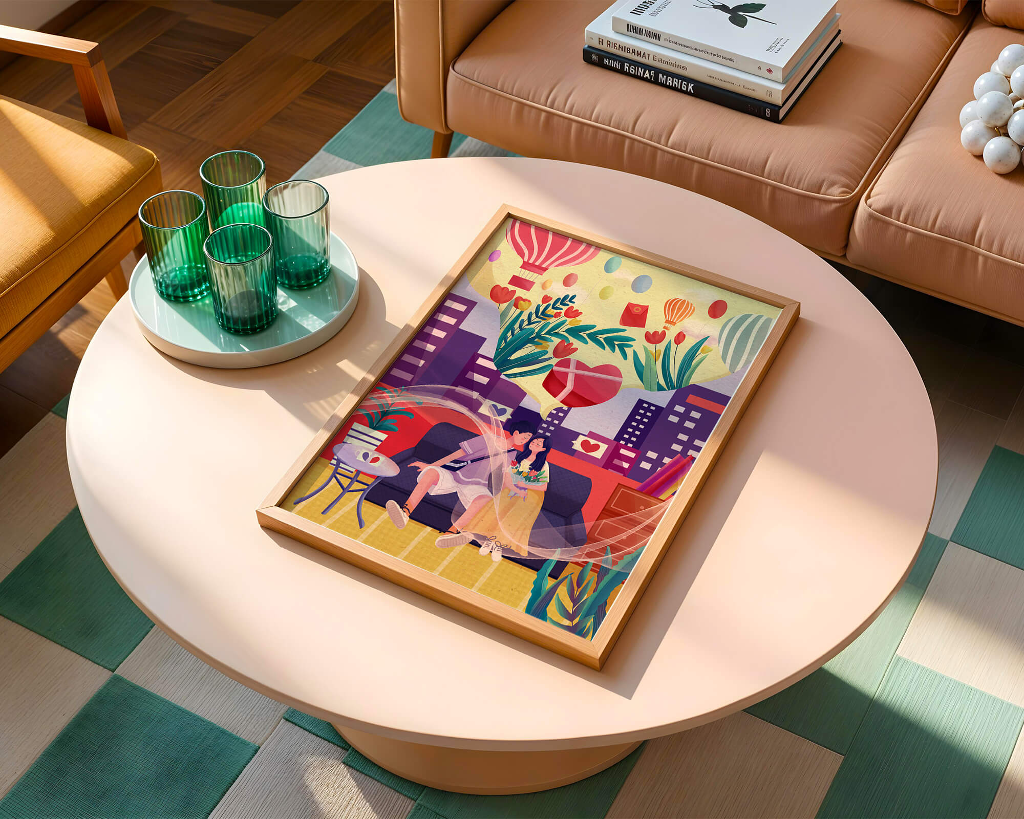 Romantic couple on a sofa with hot air balloons and floral decor in urban outdoor scene