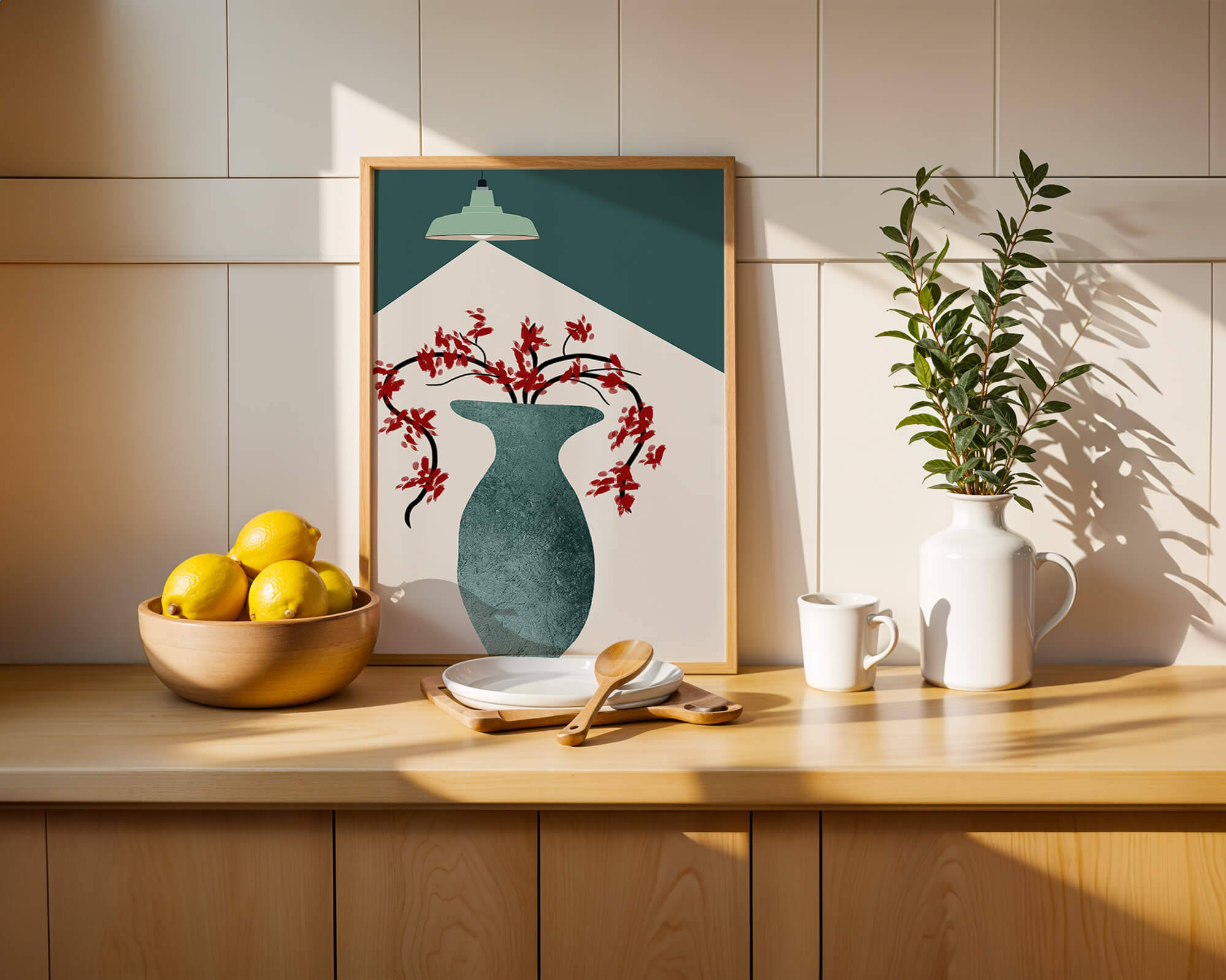 Modern Minimalist Vase with Red Flowers Under Green Lamp