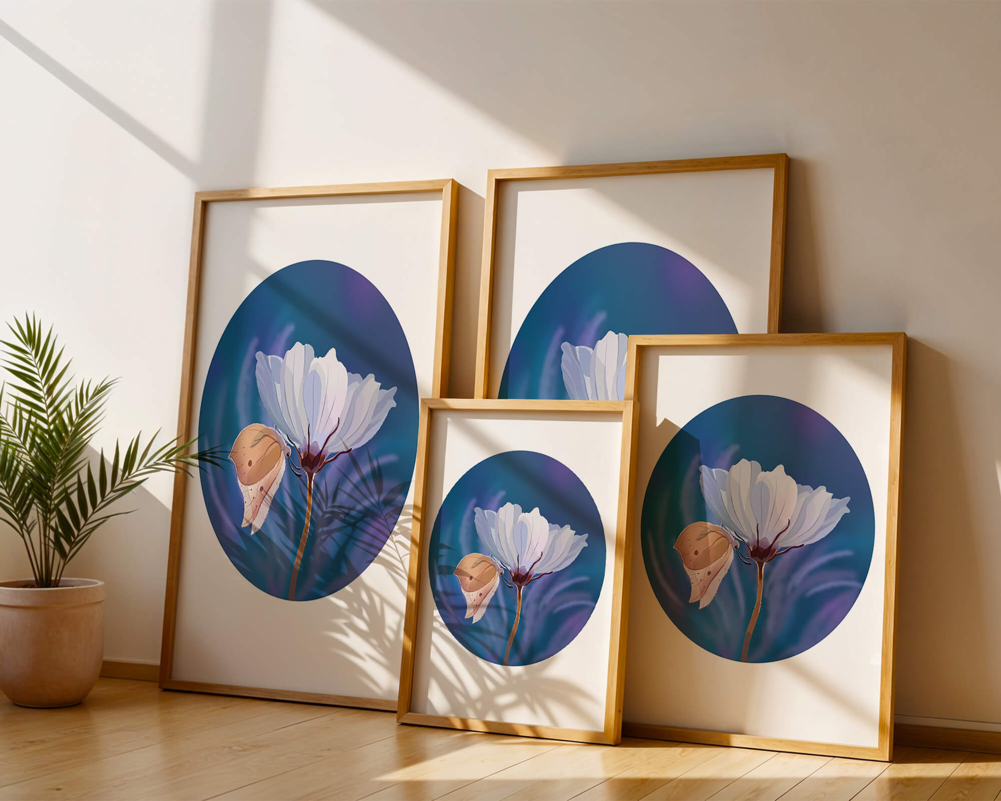 Delicate butterfly resting on a white flower in a serene blue background